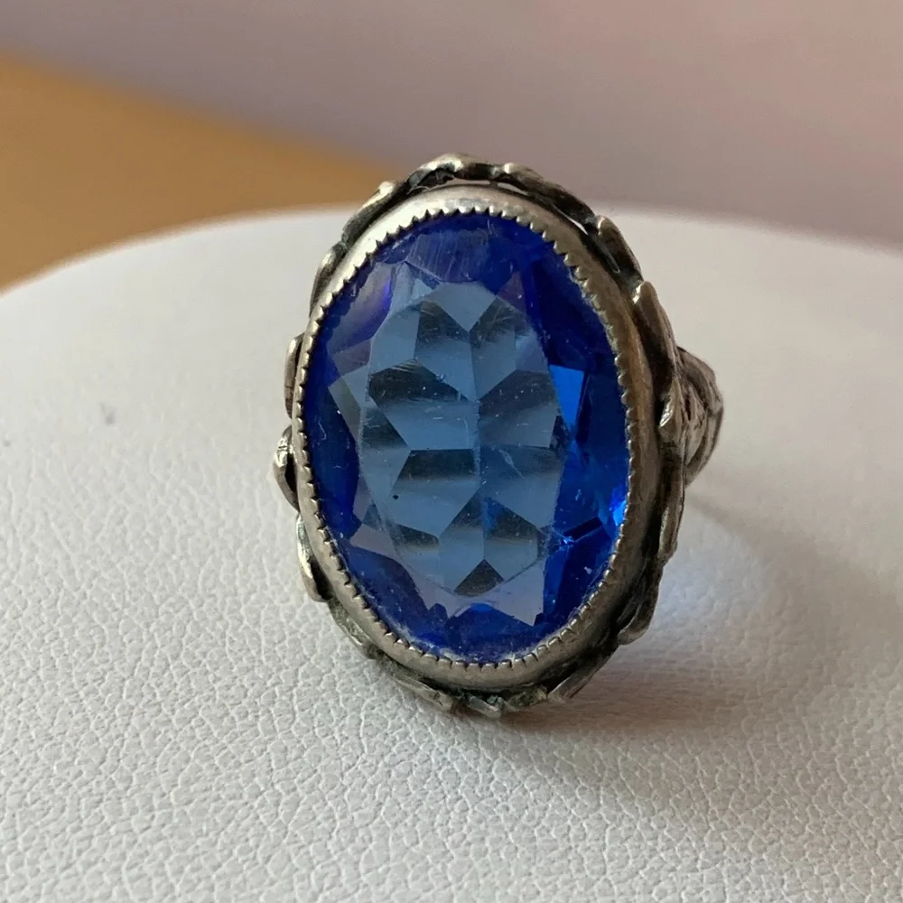 925 SILVER VINTAGE LARGE SAPPHIRE COBALT BLUE COLOR GLASS RING